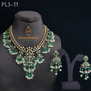 Divine Balaji Polki, Emerald and Pearl Gold Necklace Earring Set