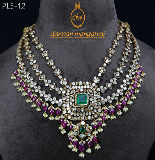 Majestic Three Layered Polki, Ruby and Pearl Necklace