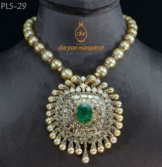 Luxurious Saltwater Pearl Emerald and Polki Necklace