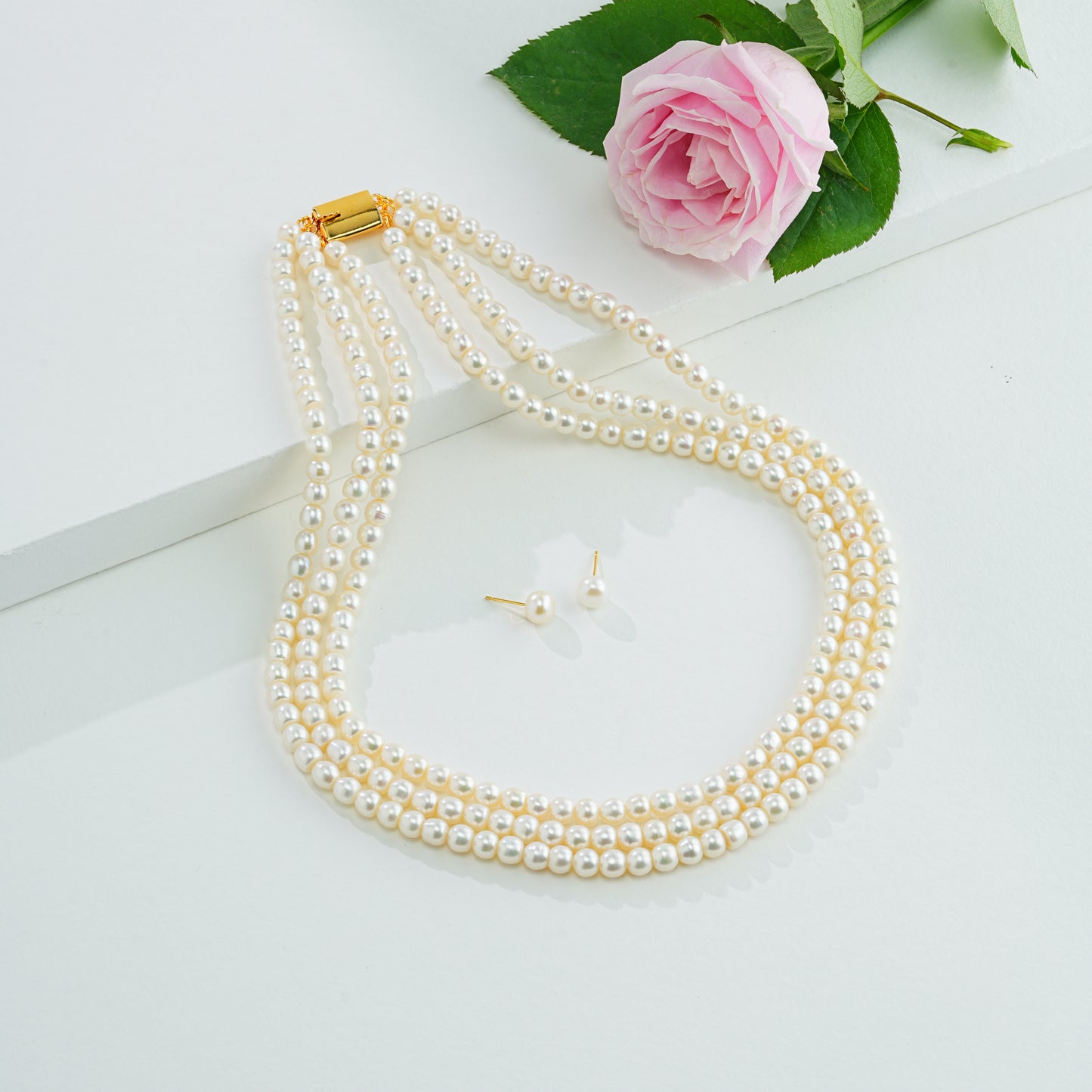 5.0-6.0mm White Button Freshwater Pearl Necklace Set - AA