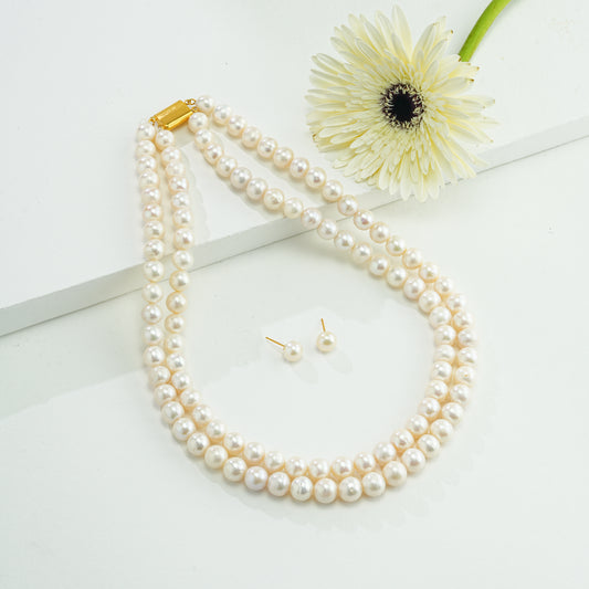 9.0-10.0mm White Near Round Freshwater Pearl Necklace Set - A Quality