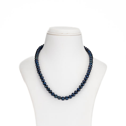 7.0-8.0mm Black Near Round Freshwater Pearl Necklace Set - A Quality