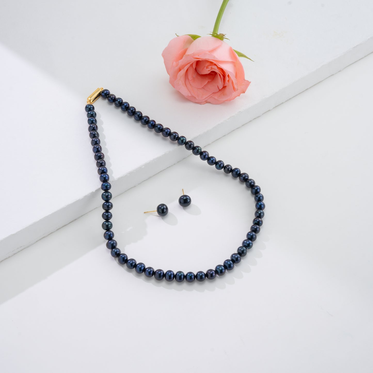 7.0-8.0mm Black Near Round Freshwater Pearl Necklace Set - A Quality