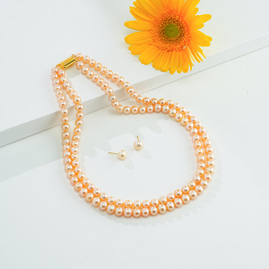 7.0-8.0mm Pink Round Freshwater Pearl Necklace Set - AAA Quality