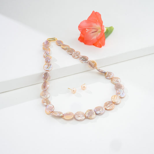 16.0-17.0mm Pink Coin Baroque Freshwater Pearl Necklace Set - A Quality