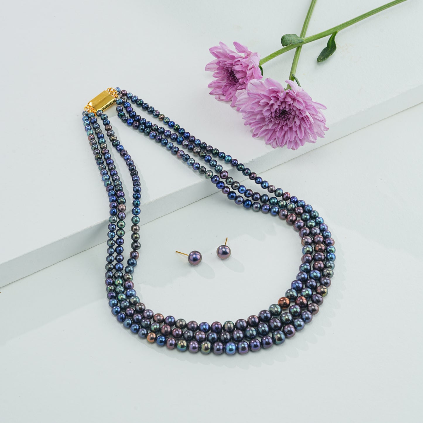 Grading Dark Blue Near Round Freshwater Pearl Necklace Set - AA Quality