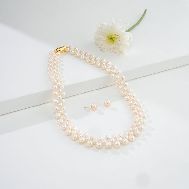 6.0-7.0mm White Button Fancy Freshwater Pearl Necklace Set- A Quality