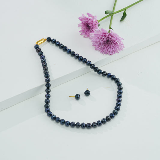 8.0-9.0mm Black Near Round Freshwater Pearl Necklace Set - AA Quality