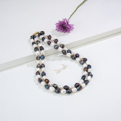 11.0-12.0mm Semi Baroque  Multicolor Freshwater Pearl Necklace Set - A Quality