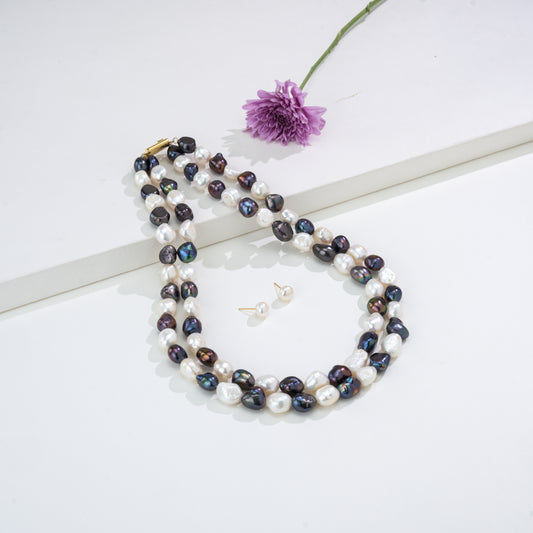 11.0-12.0mm Semi Baroque  Multicolor Freshwater Pearl Necklace Set - A Quality