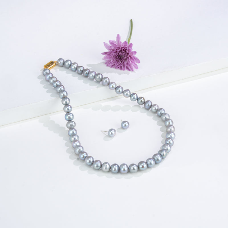10.0-11.0mm Grey Near Round Freshwater Pearl Necklace Set - A Quality