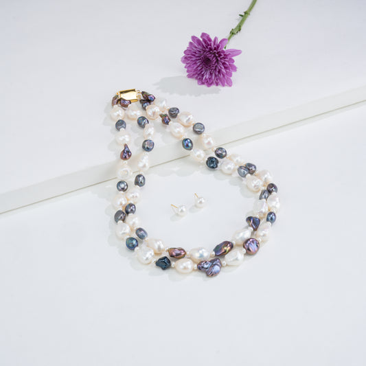 11.0-12.0mm Semi Baroque  Multicolor Freshwater Pearl Necklace Set - A Quality