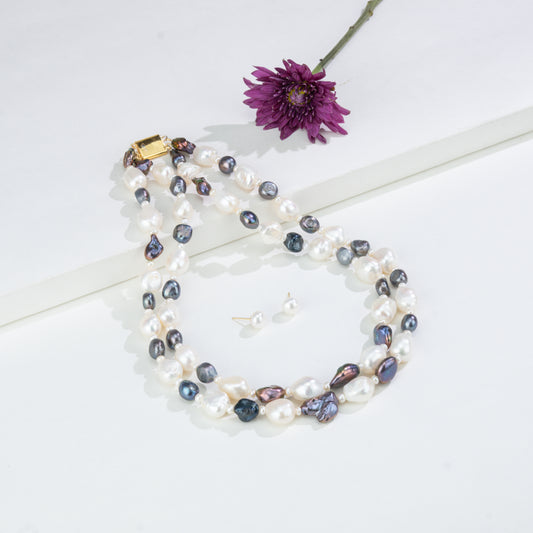 11.0-12.0mm Semi Baroque  Multicolor Freshwater Pearl Necklace Set - A Quality