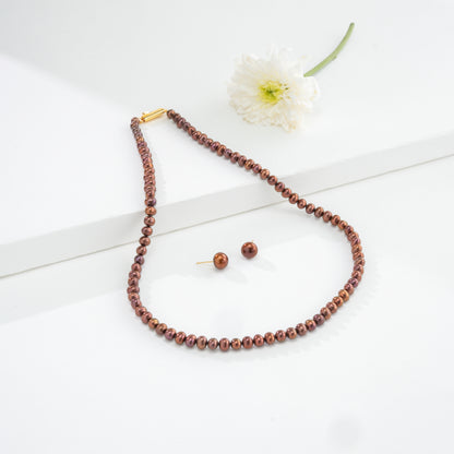5.0-6.0mm Bronze Near Round Freshwater Pearl Necklace Set - A Quality