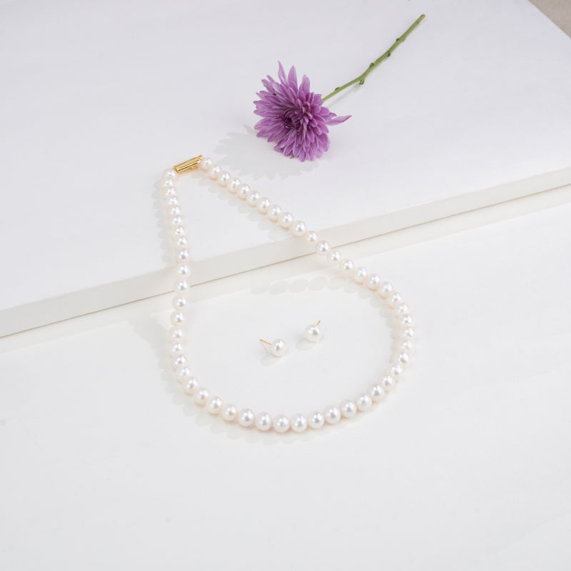 8.0-9.0mm White Near Round Freshwater Pearl Necklace Set - A Quality
