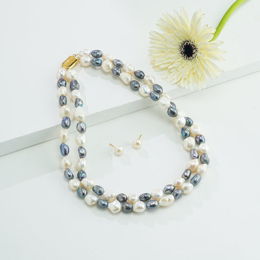 12.0-13.0mm Semi Baroque  Multicolor Freshwater Pearl Necklace Set - A Quality