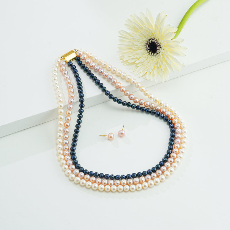 6.0-7.0mm Tricolor Near Round Freshwater Pearl Necklace Set - A Quality