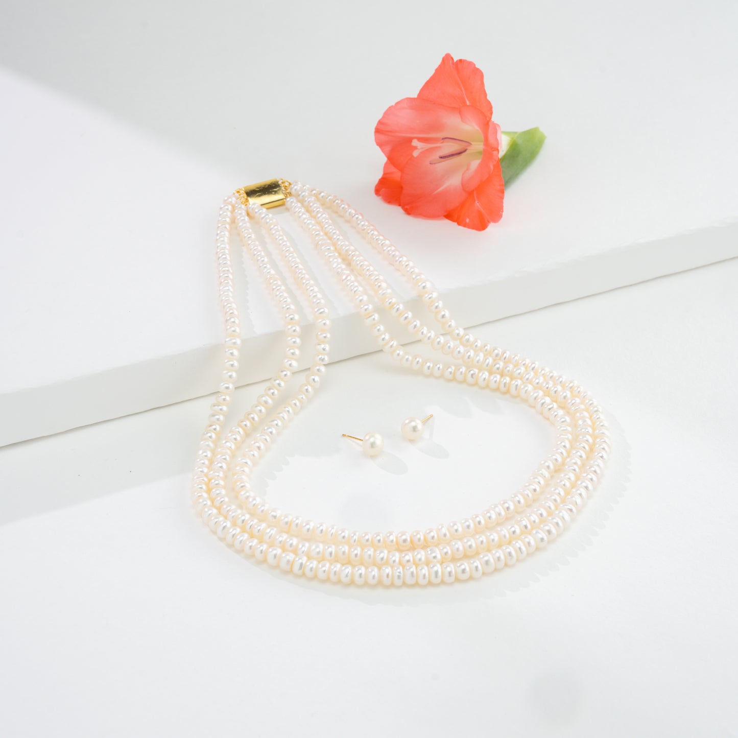 4.0-5.0mm White Button Freshwater Pearl Necklace Set - A Quality