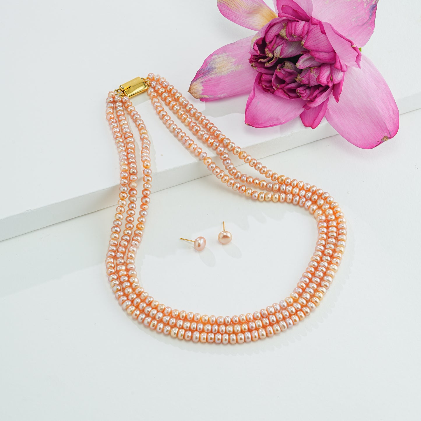 4.0-5.0mm Pink Button Freshwater Pearl Necklace Set - A Quality