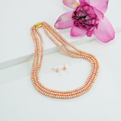 4.0-5.0mm Pink Button Freshwater Pearl Necklace Set - A Quality