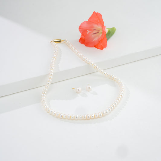 5.0-6.0mm White Button Freshwater Pearl Necklace Set - A Quality