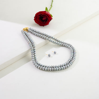 6.0-7.0mm Grey Button Freshwater Pearl Necklace Set - A Quality