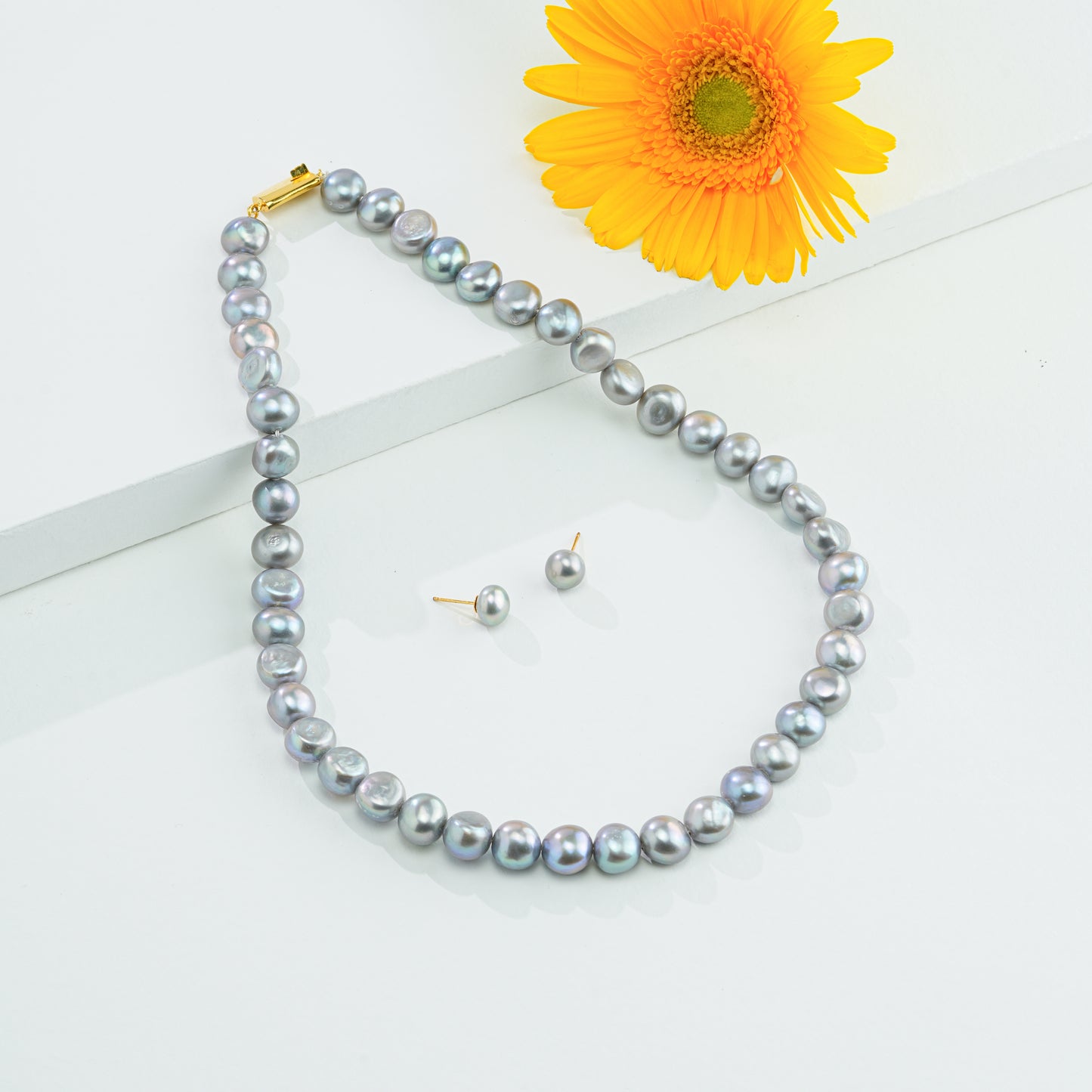 10.0-11.0mm Grey Semi Baroque Freshwater Pearl Necklace Set - A Quality