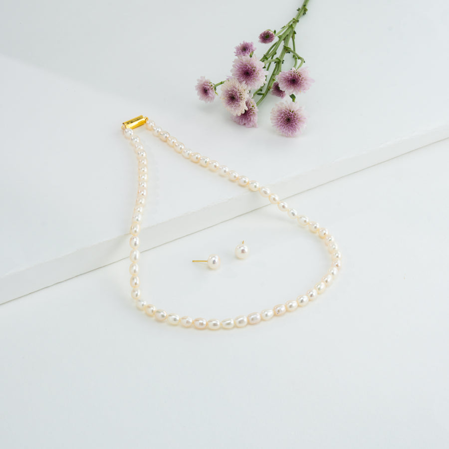 7.0-8.0mm White Drop Freshwater Pearl Necklace Set - A Quality