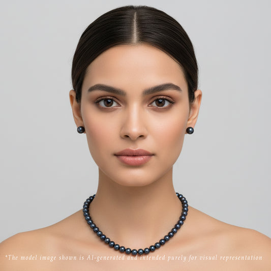 7.0-8.0mm Black Near Round Freshwater Pearl Necklace Set - A Quality