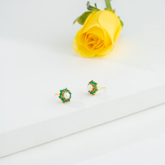 Brilliant Green Stone Freshwater Pearl Stud Earrings