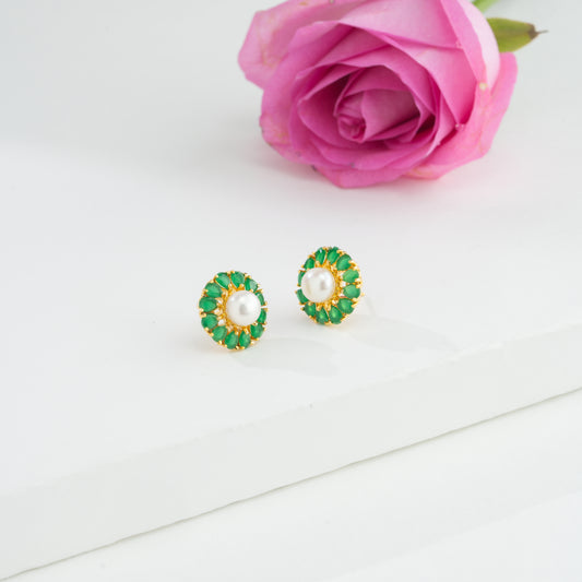 Precious Green Stone White Freshwater Pearl Stud Earrings