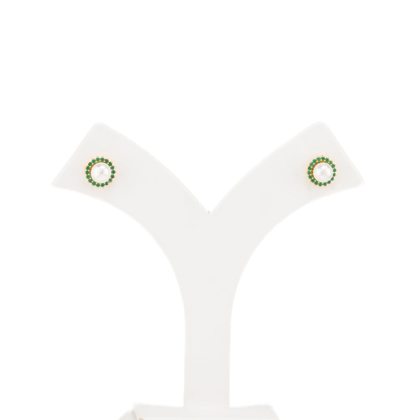 Intricate Green Stone Freshwater Pearl Studs Earrings