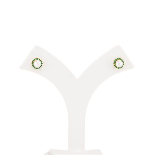 Intricate Green Stone Freshwater Pearl Studs Earrings