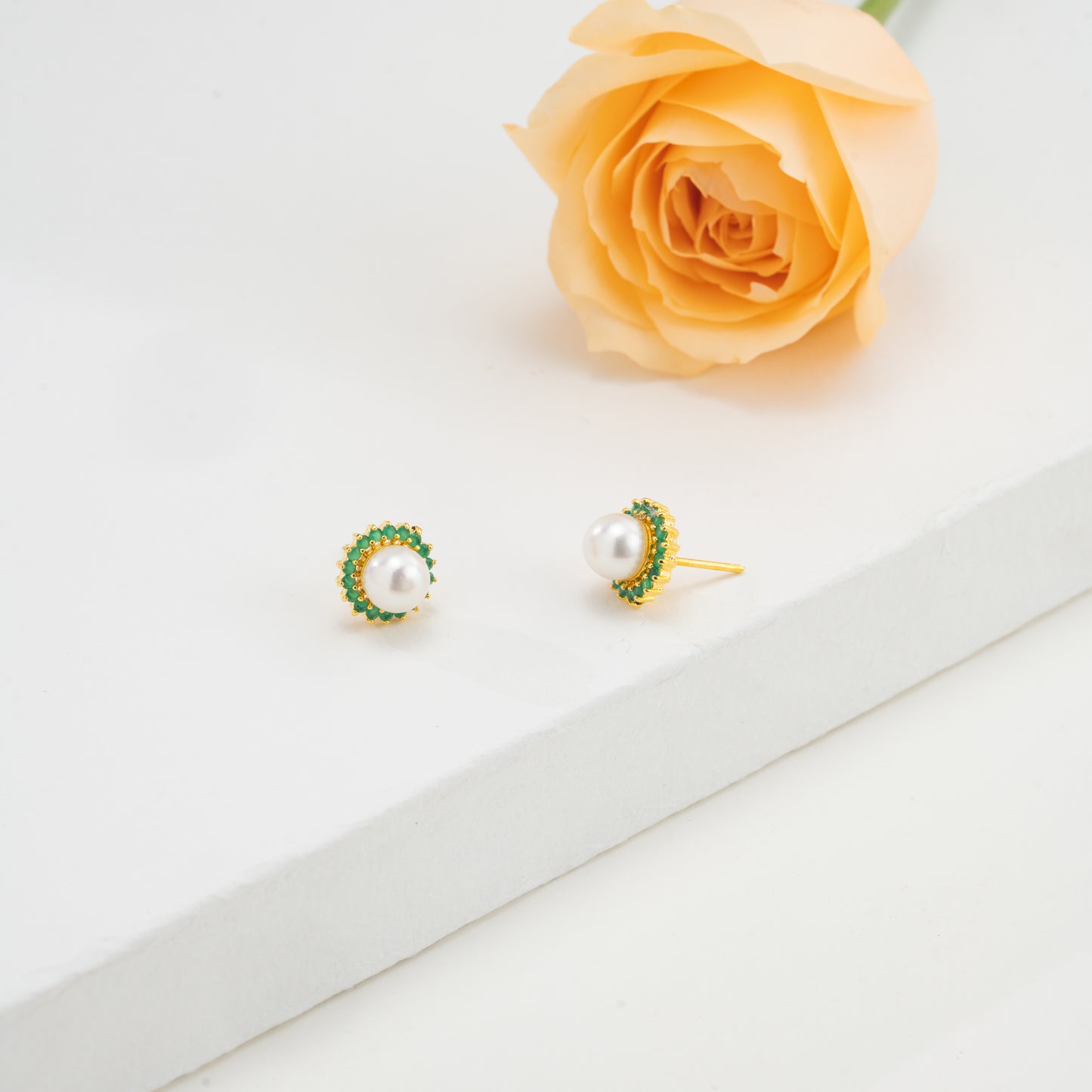 Intricate Green Stone Freshwater Pearl Studs Earrings