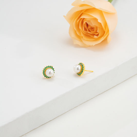 Intricate Green Stone Freshwater Pearl Studs Earrings