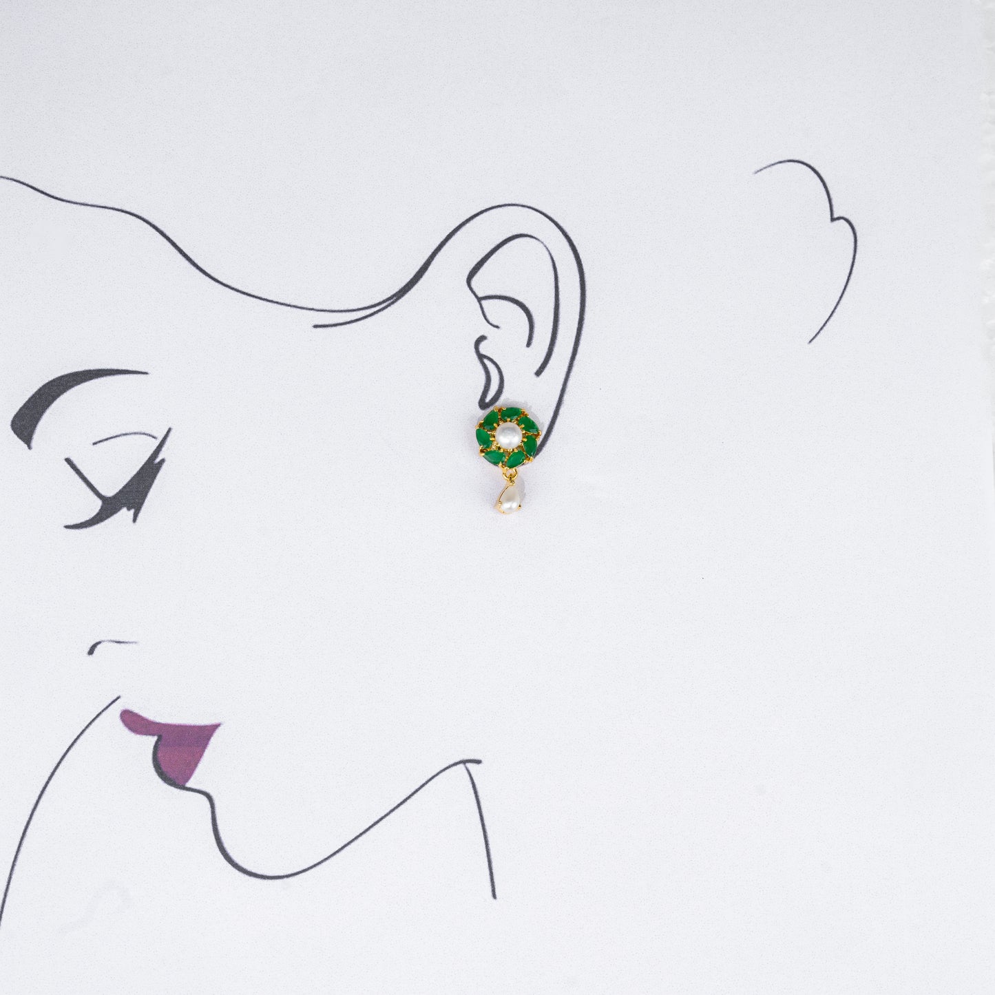 Fashionable Green Stone Freshwater Pearl Stud Earrings
