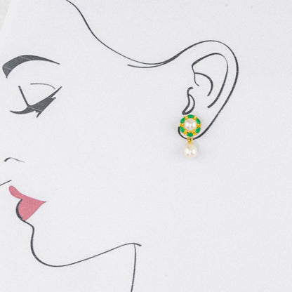 Fashionable Green Stone Freshwater Pearl Stud Earrings