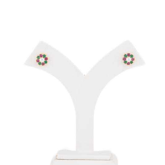 Floral Red Green Multicolor Freshwater Pearl Stud Earrings