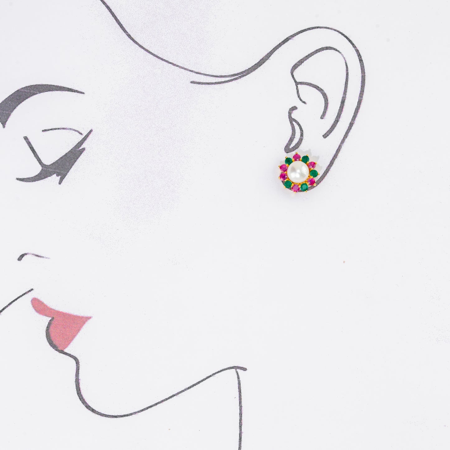 Floral Red Green Multicolor Freshwater Pearl Stud Earrings