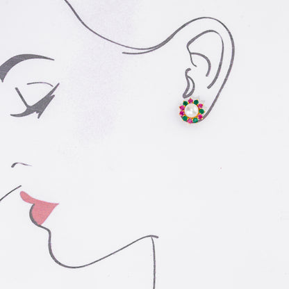 Floral Red Green Multicolor Freshwater Pearl Stud Earrings