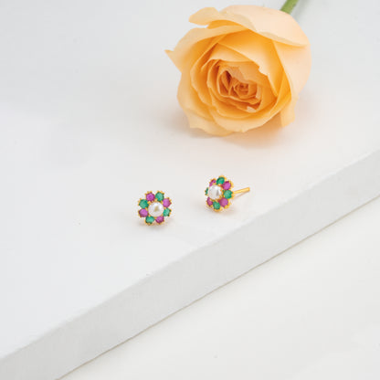 Floral Red Green Multicolor Freshwater Pearl Stud Earrings