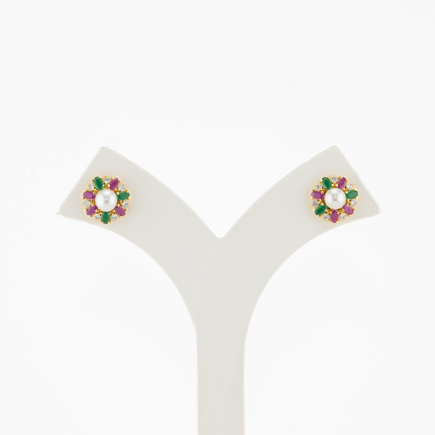 Colorful Red Green Stone Freshwater Pearl Stud Earrings