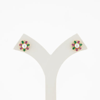 Colorful Red Green Stone Freshwater Pearl Stud Earrings