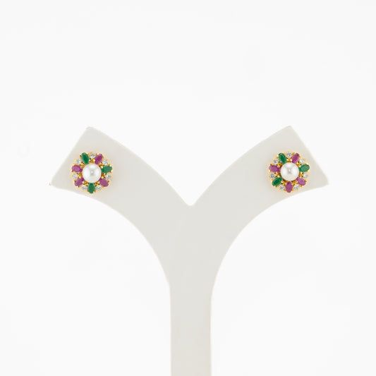 Colorful Red Green Stone Freshwater Pearl Stud Earrings