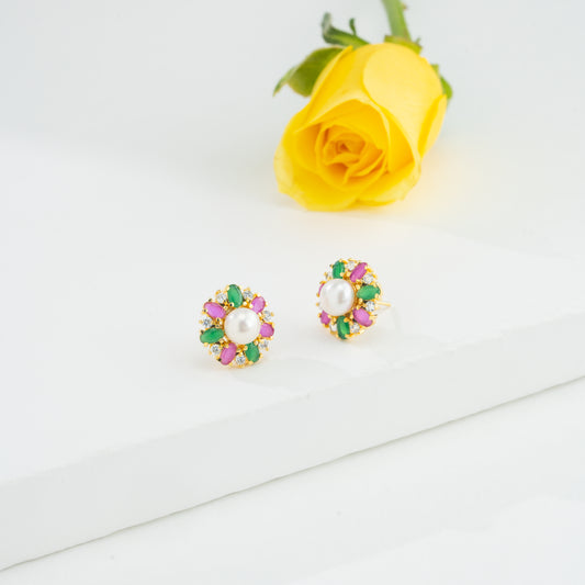 Colorful Red Green Stone Freshwater Pearl Stud Earrings