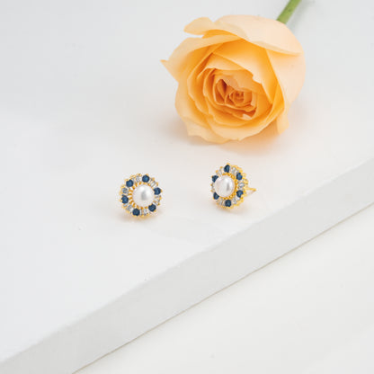 Exquisite Blue Stone Freshwater Pearl Studs Earrings