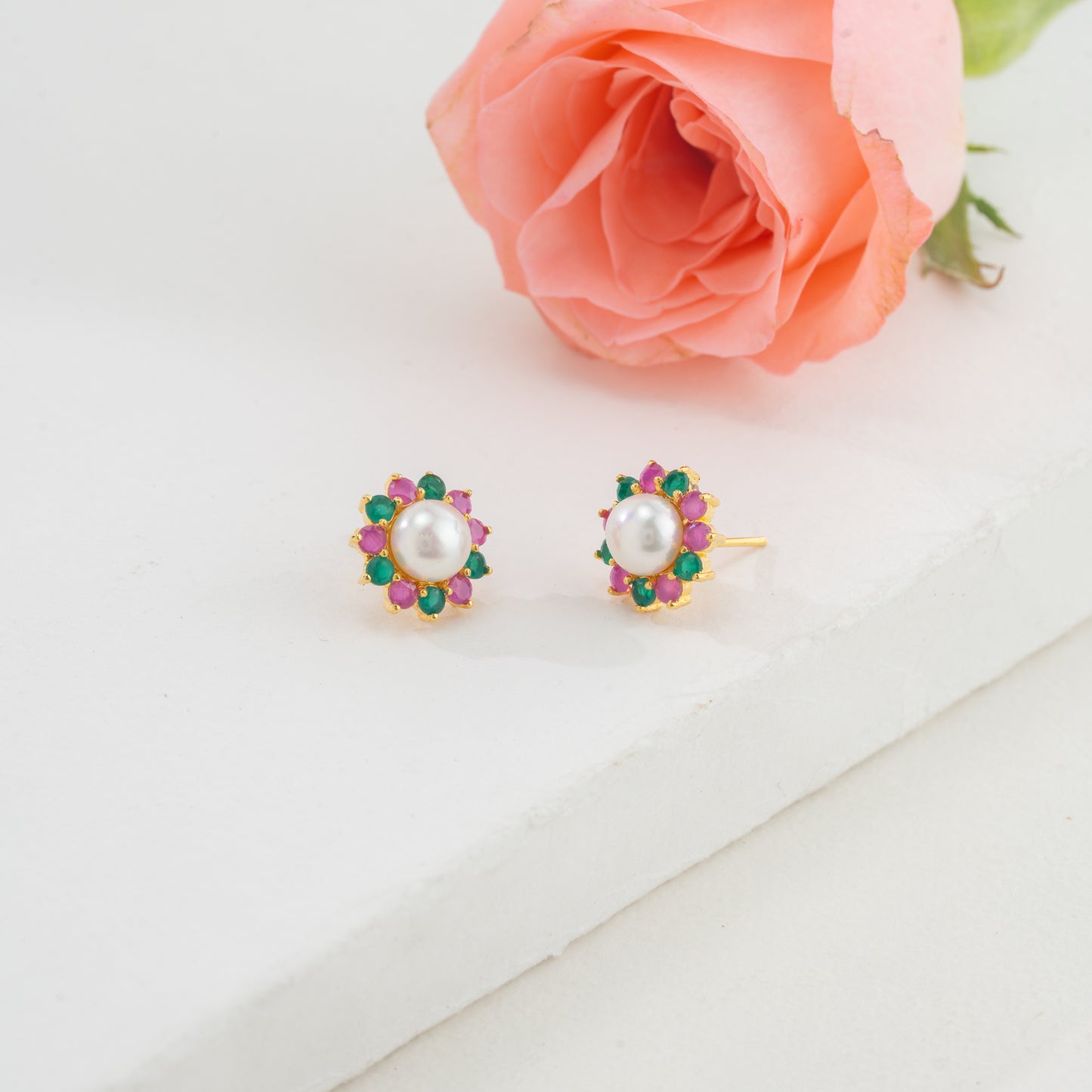 Floral Red Green Multicolor Freshwater Pearl Stud Earrings
