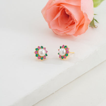 Floral Red Green Multicolor Freshwater Pearl Stud Earrings