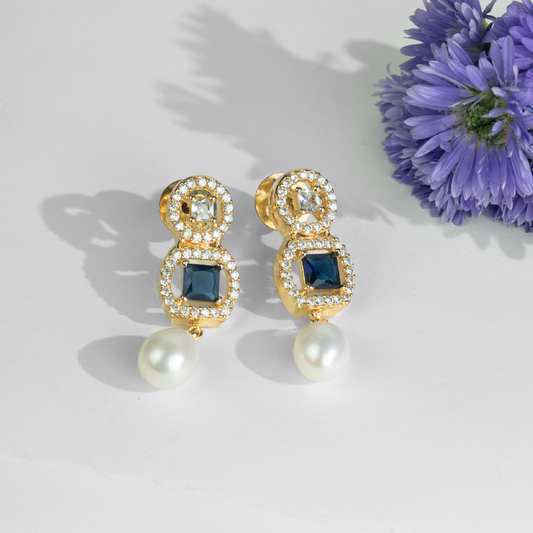 Enduring Blue Stone Drop Freshwater Pearl Stud Earrings