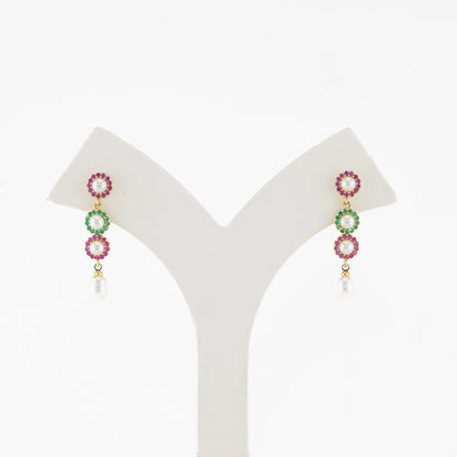 Radiant Red Green Freshwater Pearl Hanging Earrings